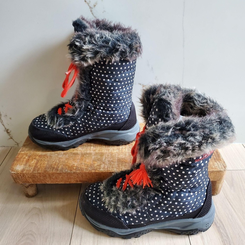 The North Face Boots Girls 2 Blue Polka Dot Fur Trim Winter Snow Boot Insulated